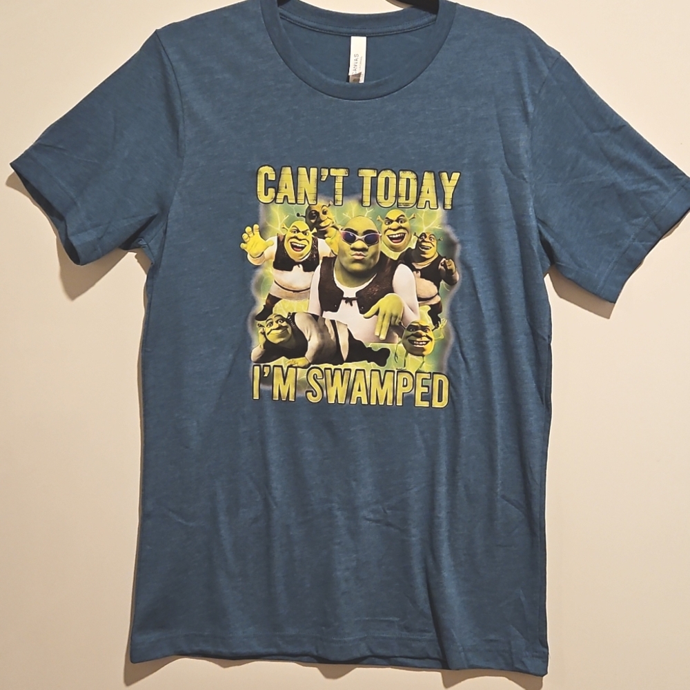 SHREK Graphics 'Can't Today. I'm Swamped' short sleeve teal blue tee Med. NWOT